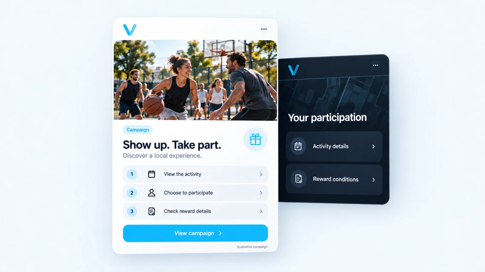 A VISU campaign card inviting people to view an activity, choose to participate and check reward details