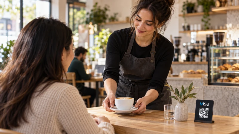 A café owner serving a customer, with a VISU QR stand on the table