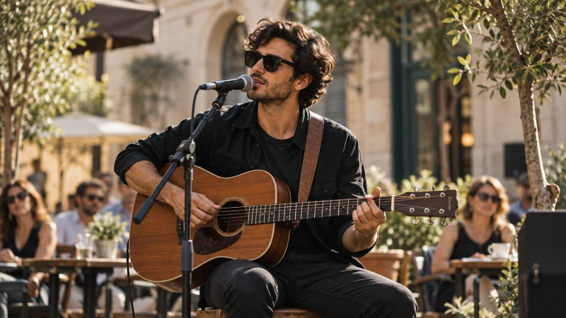 A musician performing an acoustic set outdoors