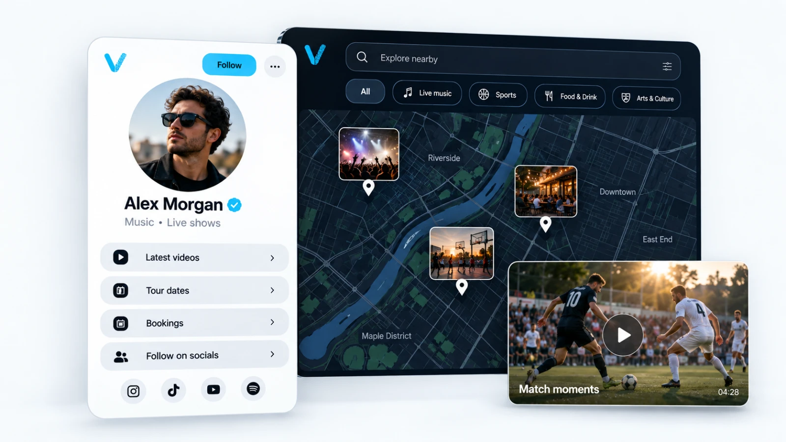VISU product composition: a creator profile, a map of nearby places and a match replay