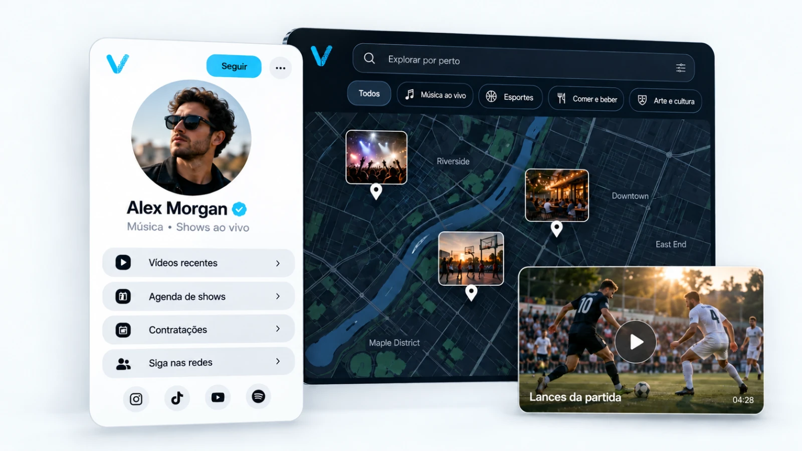 Composição de produtos VISU: um perfil de criador, um mapa de lugares próximos e o replay de uma partida