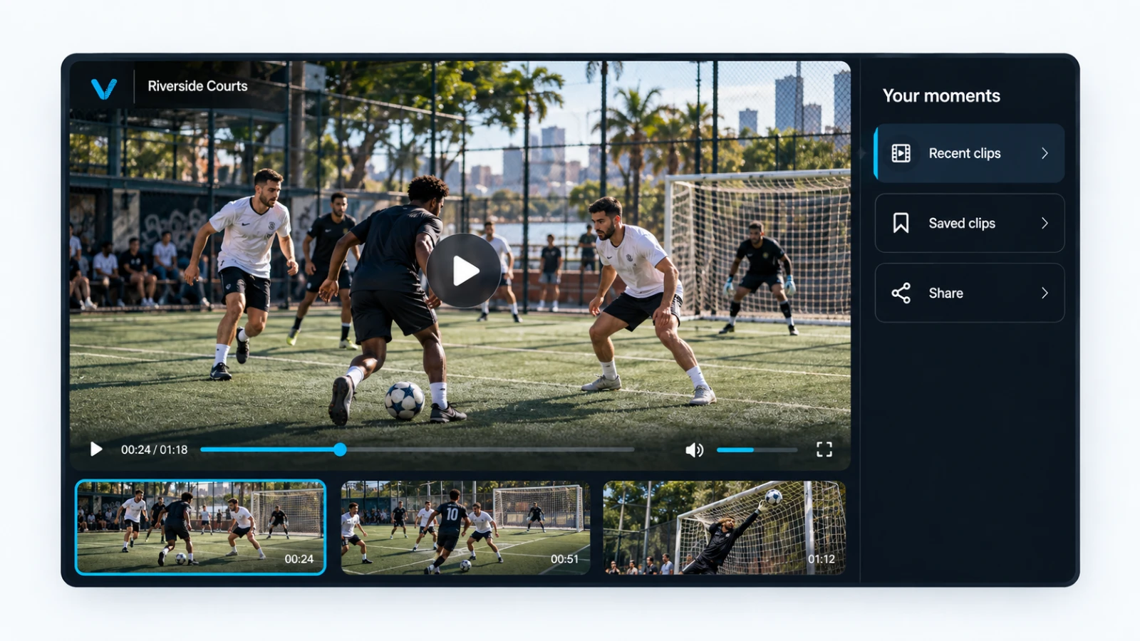 VISU Replay player showing a football match with recent and saved clips