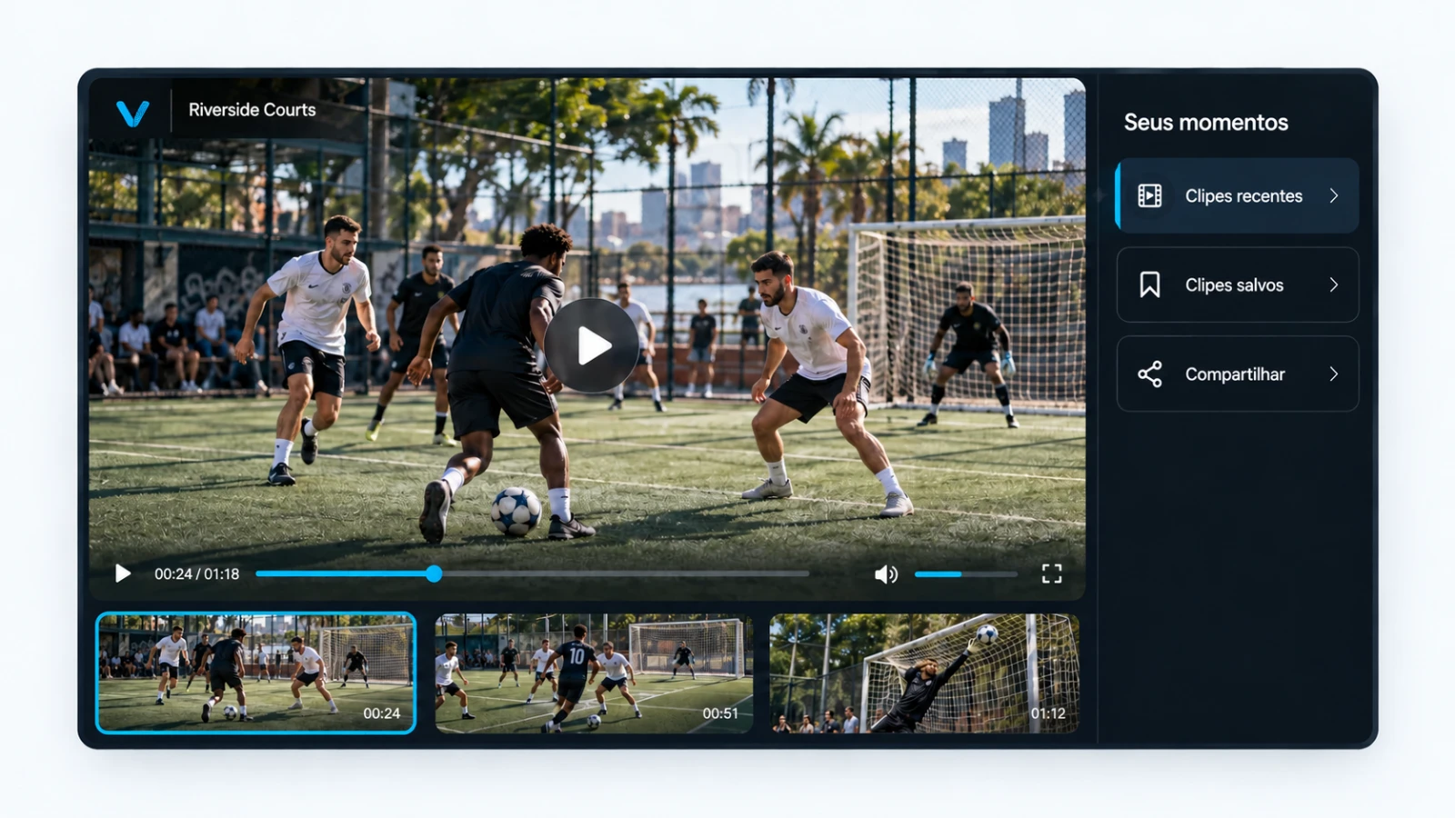 Player do VISU Replay mostrando uma partida de futebol com lances recentes e salvos