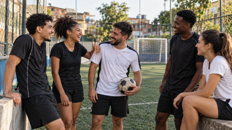 Friends laughing together on a community football court