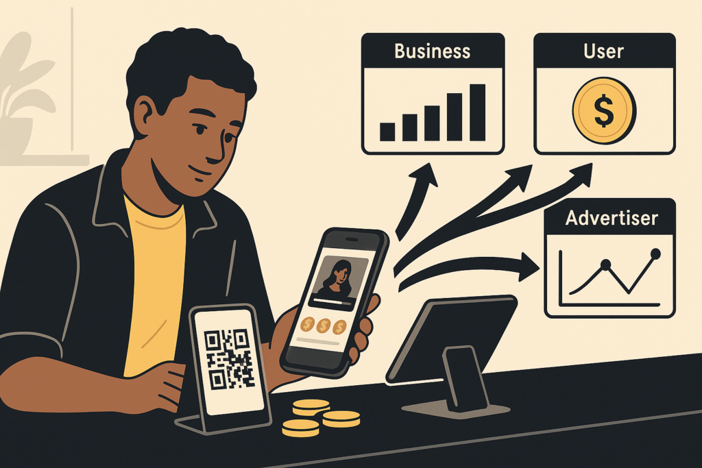 QR code at checkout while a short video ad plays on the phone; arrows indicate revenue sharing between the business, user rewards, and advertiser analytics