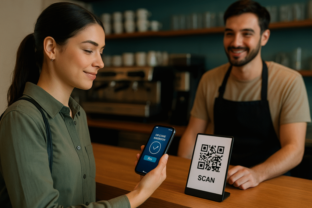 Pagamento por QR Code em 2025 – cliente usando carteira digital no café.