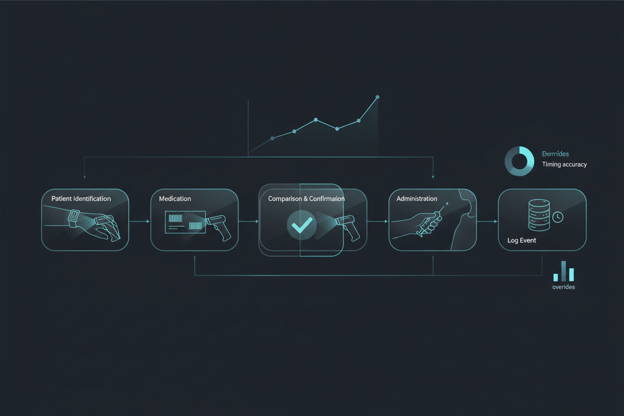 BCMA workflow analytics showing medication scan compliance rates, administration timing accuracy, and error prevention metrics