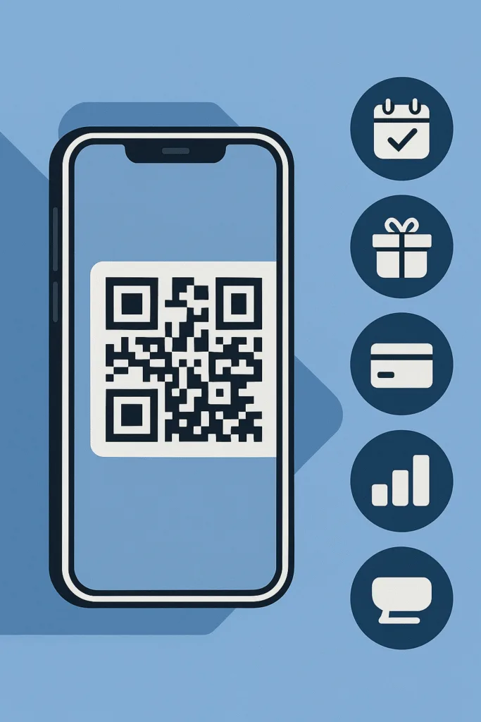 Capacidade QR Code em uso prático: smartphone escaneando QR Code para pagamento, recompensa e analytics