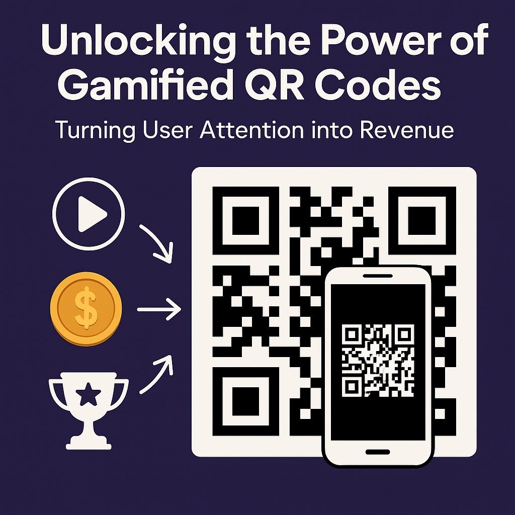 QR code with smartphone and icons for rewards (coin, play, trophy), representing gamified QR codes turning user attention into revenue.