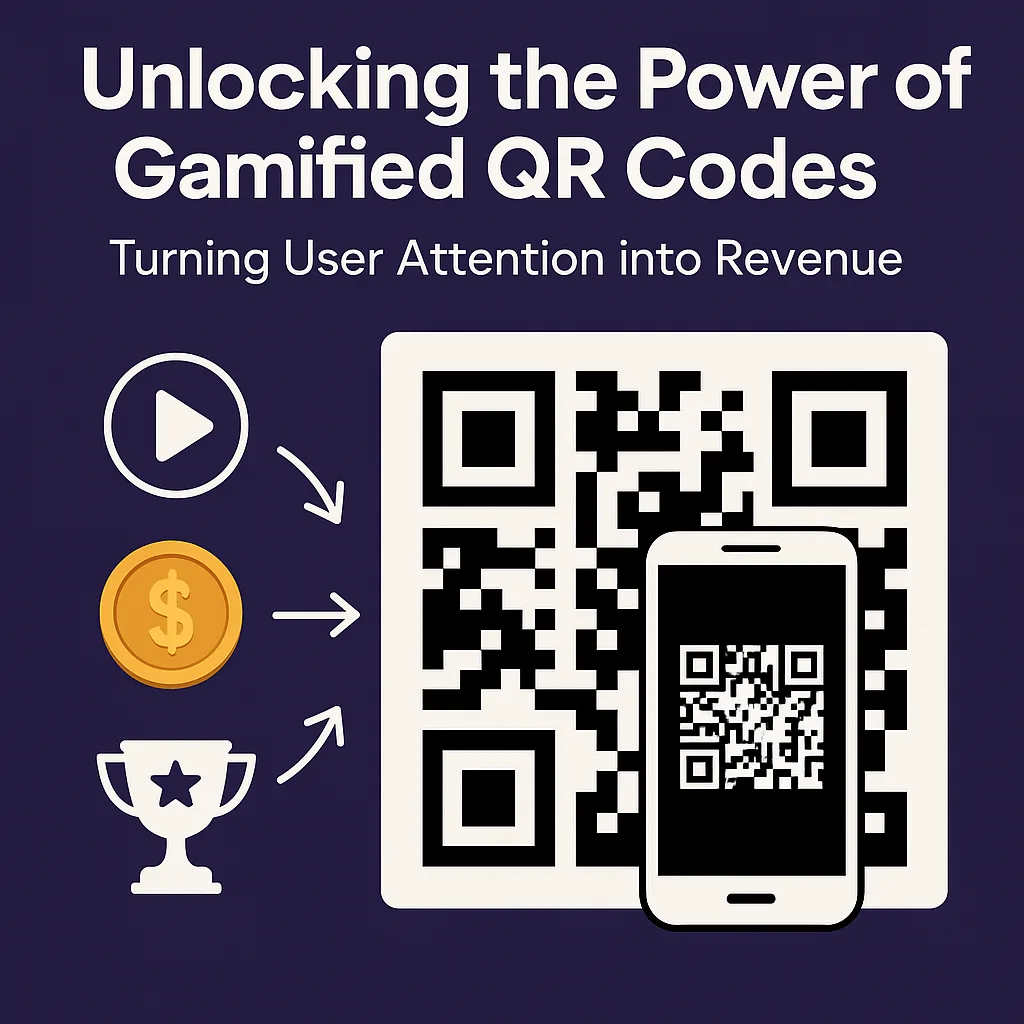 Código QR con smartphone e íconos de recompensa representando cómo los códigos QR gamificados convierten la atención en ingresos
