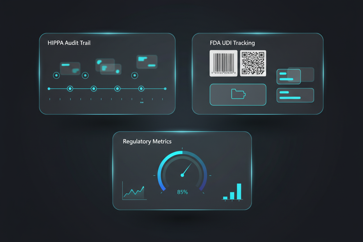 Healthcare compliance dashboard showing HIPAA audit trails, FDA UDI tracking, and regulatory reporting metrics for QR code systems
