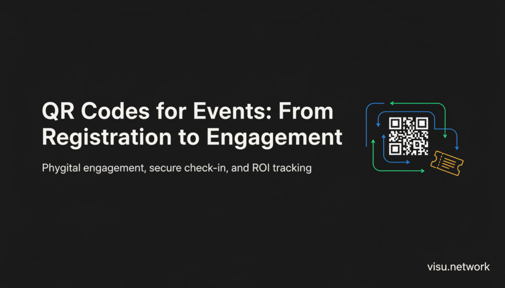 Dark-themed internal banner showing the QR event flow: registration, entry, engagement, sponsor activation, post-event, renewal