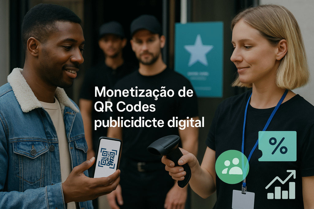 Staff escaneando QR no celular de participante na entrada de evento, ilustrando publicidade com QR Codes aplicada ao mundo real.