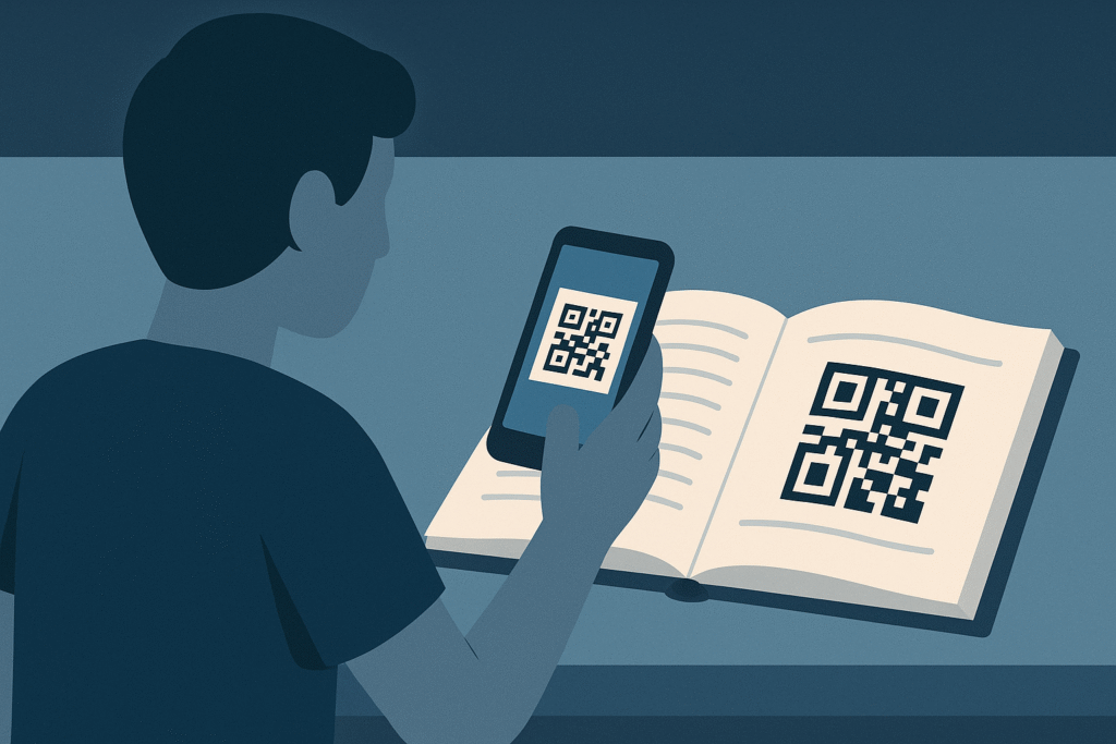 Professor utilizando QR code em sala de aula para conectar materiais físicos a conteúdos digitais.