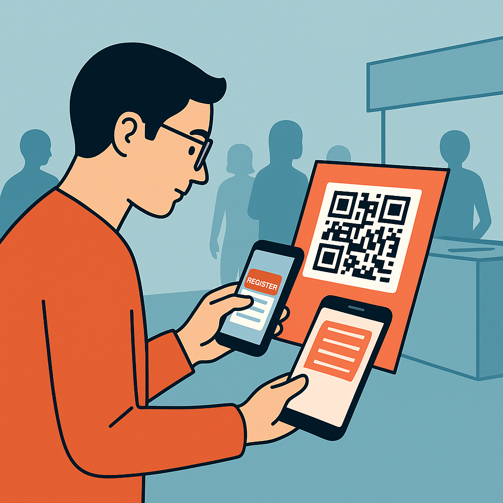Visitante em evento escaneando QR Code para acessar formulário de geração de leads em tempo real.
