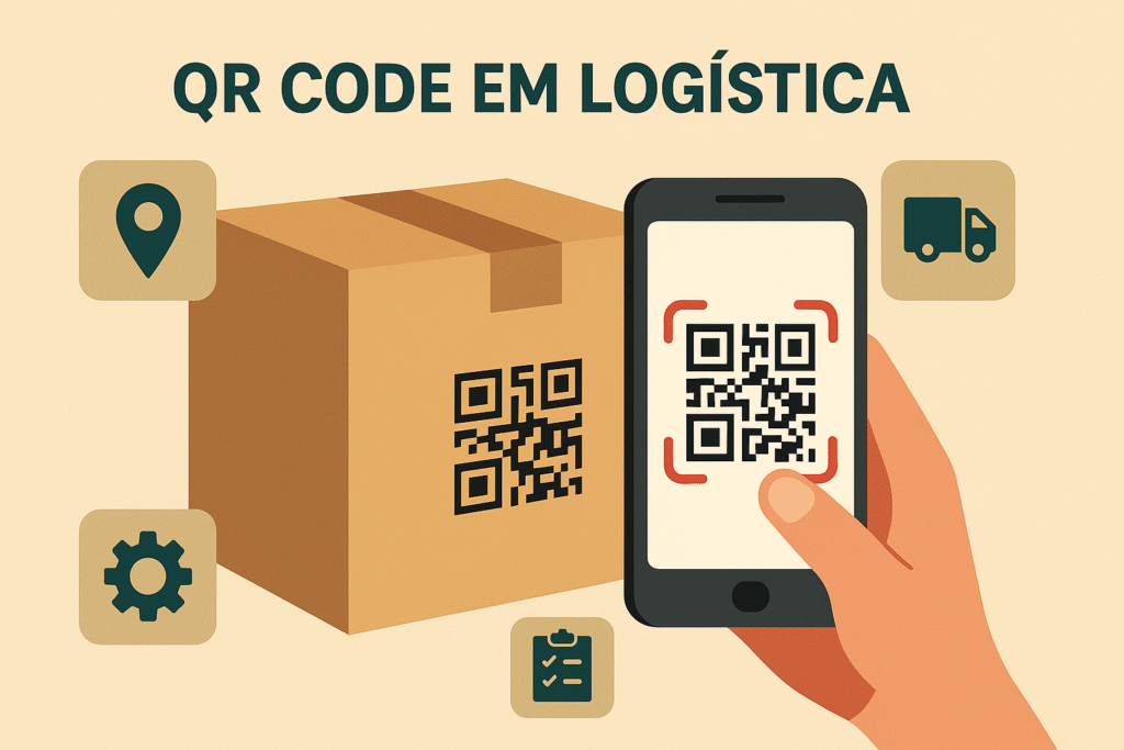 Funcionário conferindo pacote de entrega com QR code logística em smartphone para rastreamento em tempo real.