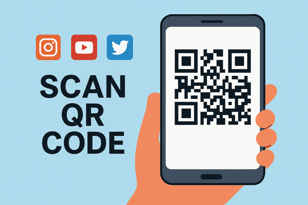 Usuário escaneando QR Code em campanha de marketing de influência em redes sociais.