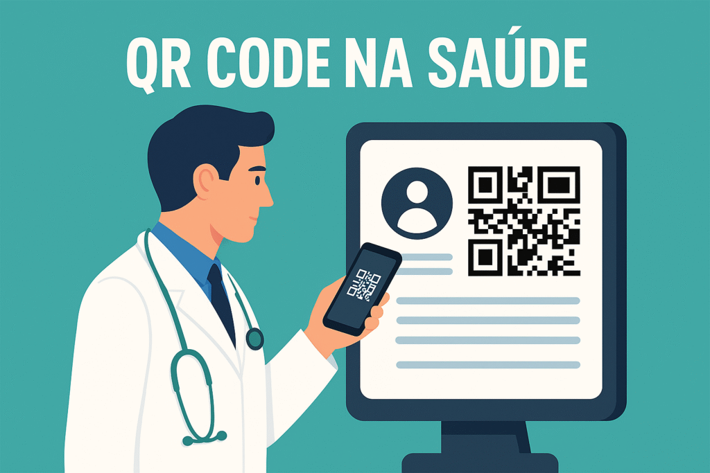 Profissional de saúde acessando dados digitais com QR code em hospitais.