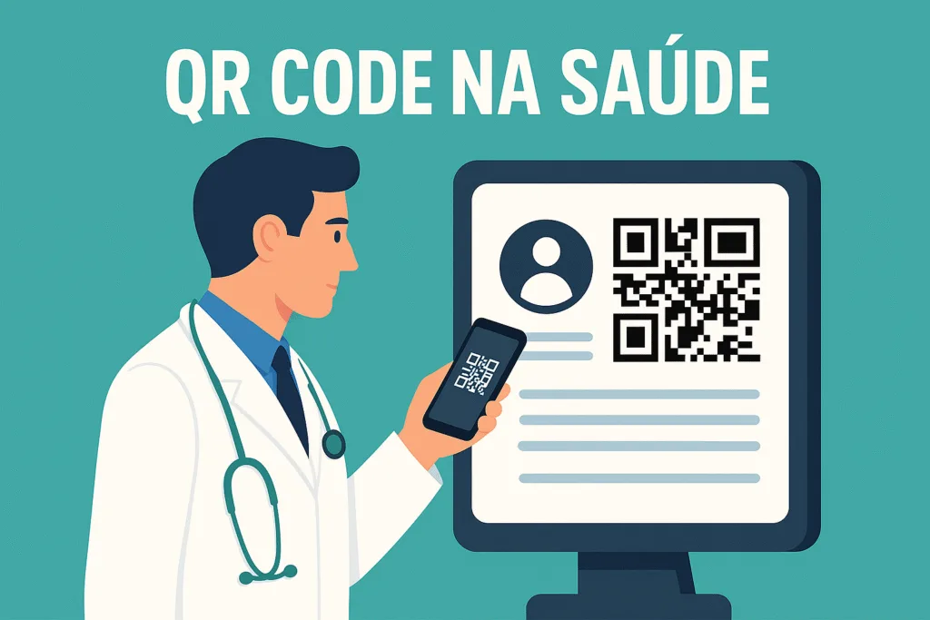 Profissional de saúde em ambiente hospitalar escaneando QR code com tablet para acessar prontuário eletrônico e histórico médico do paciente em tempo real