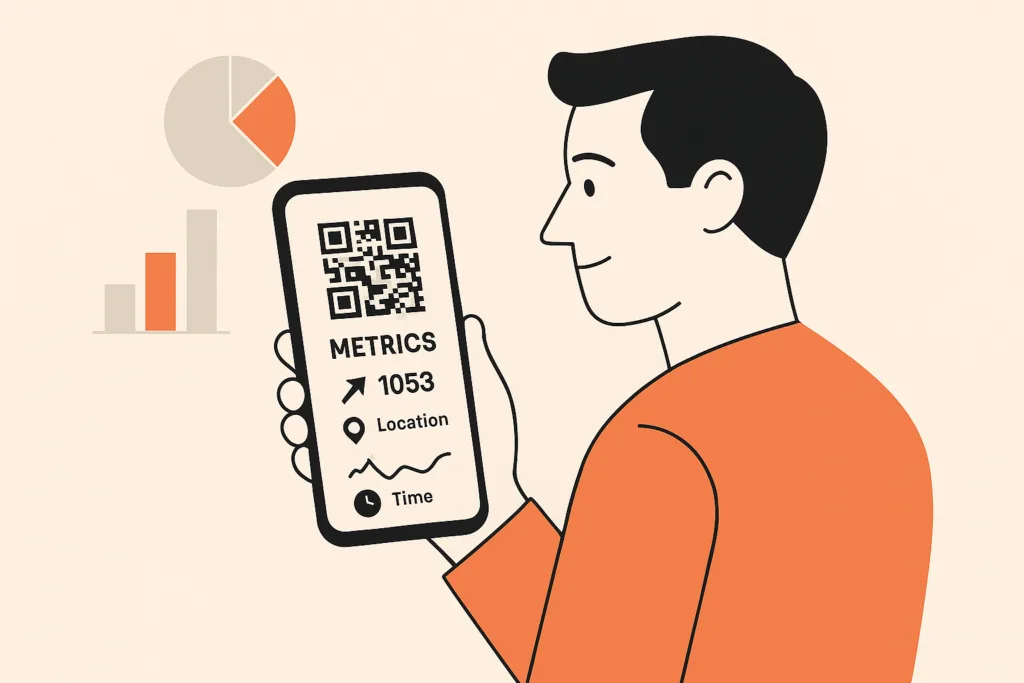 Illustration of a phone showing a QR code with generic scan, location, and time metrics