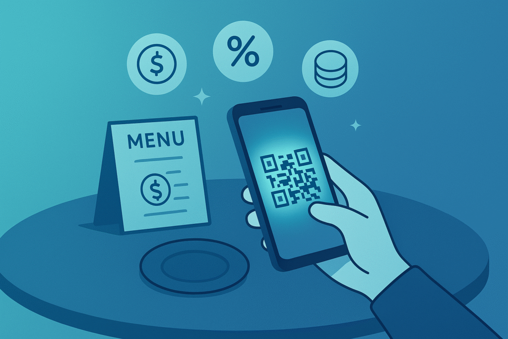 Cliente usando QR Code em cardápio para desbloquear recompensas digitais como descontos, cashback e pontos de fidelidade.