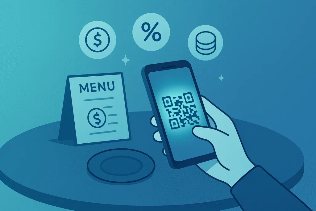 Cliente usando QR Code no cardápio para desbloquear recompensas digitais como descontos, cashback e pontos de fidelidade
