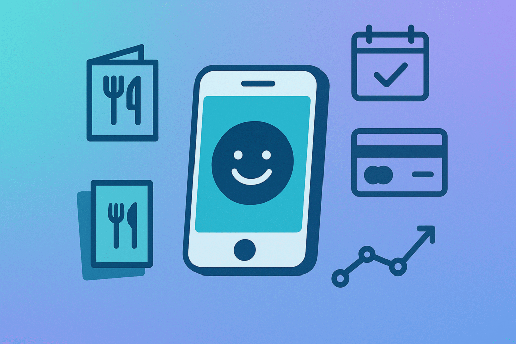 Ilustração com smartphone central e ícones de menu, evento, pagamento e analytics; publicidade com QR Codes aplicada a cenários reais.