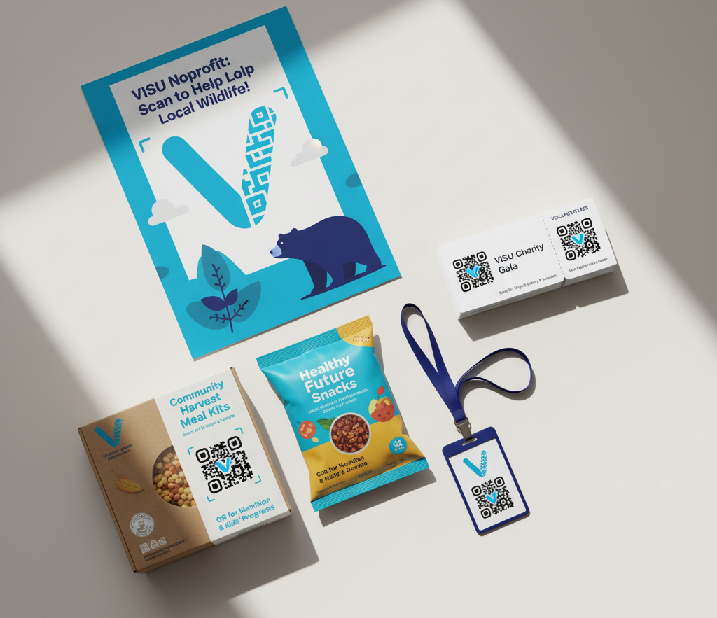 Posters, food packages, and event tickets using QR codes for nonprofit programs
