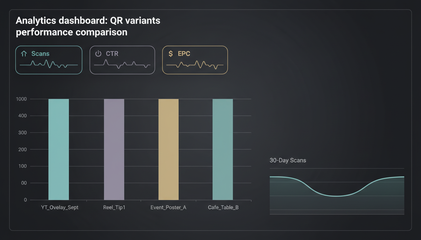 Analytics dashboard comparing QR variant performance by scans, CTR, and EPC