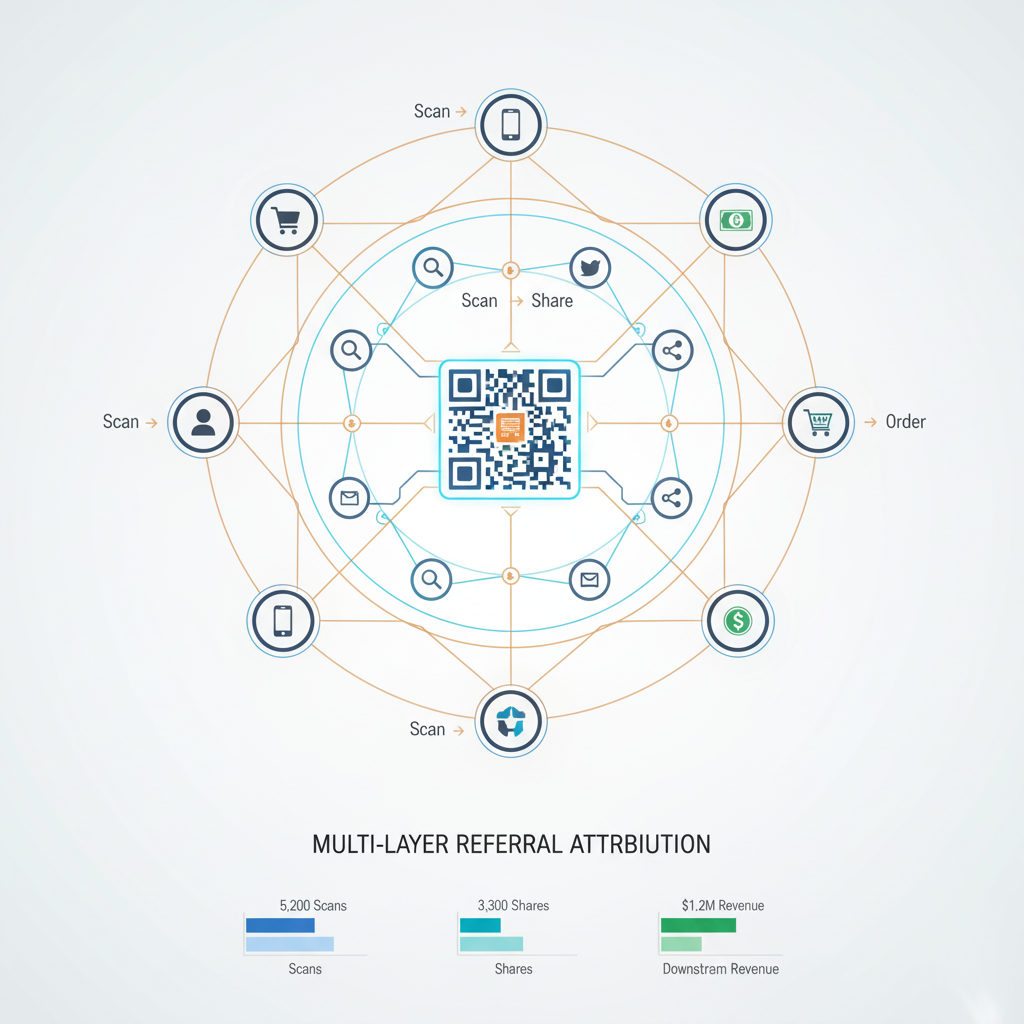 Multi-layer referral attribution showing scans, shares, and downstream revenue