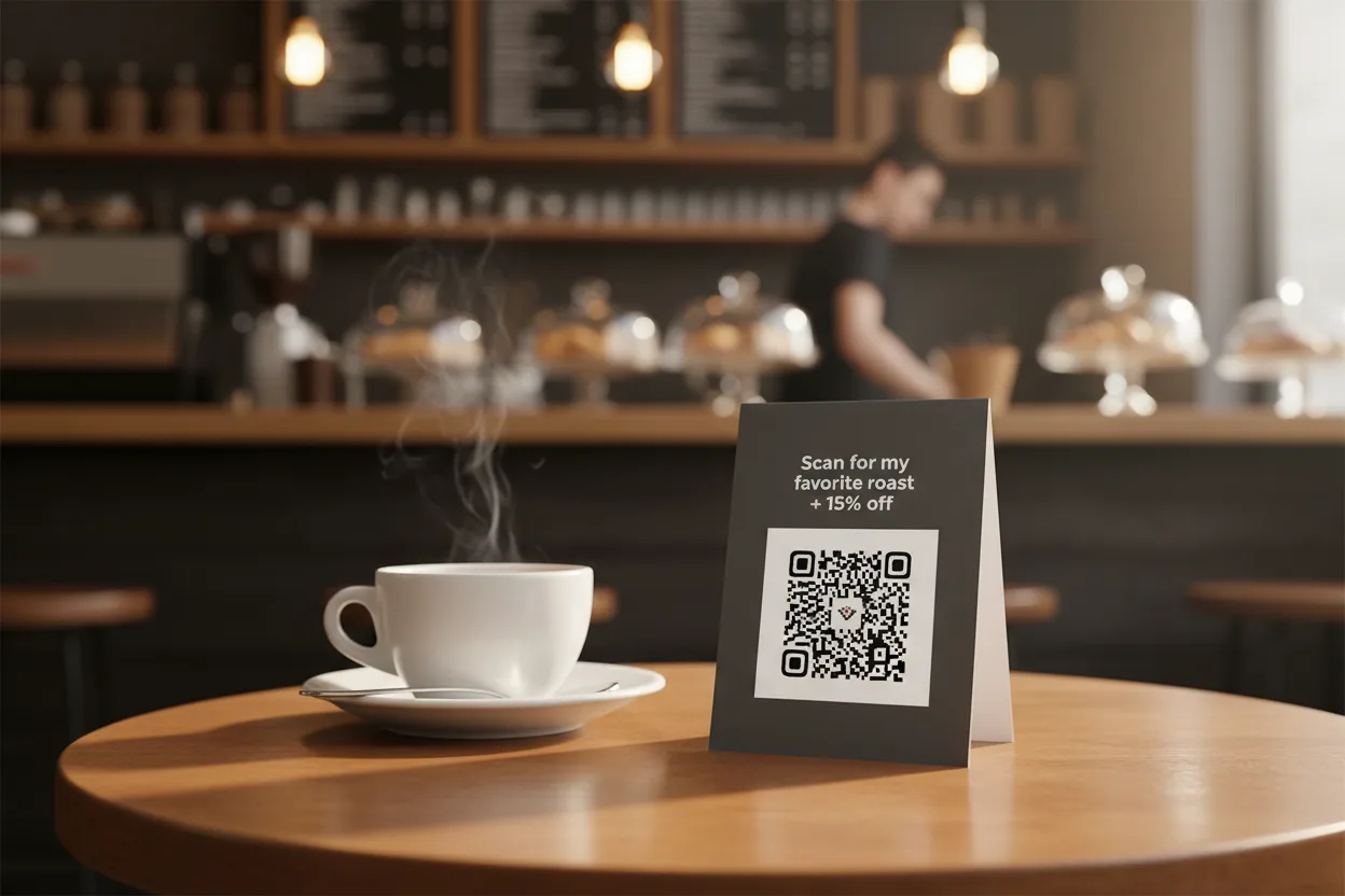 Display de mesa em cafeteria com QR Code oferecendo desconto em café favorito