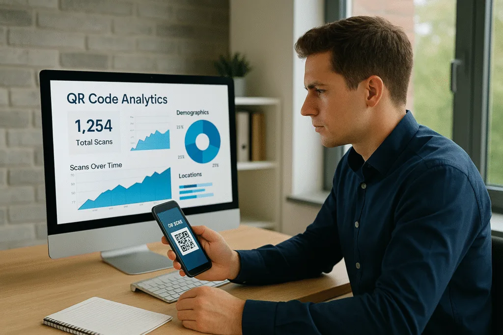 Professional analyzing real-time QR code scan data on analytics dashboard