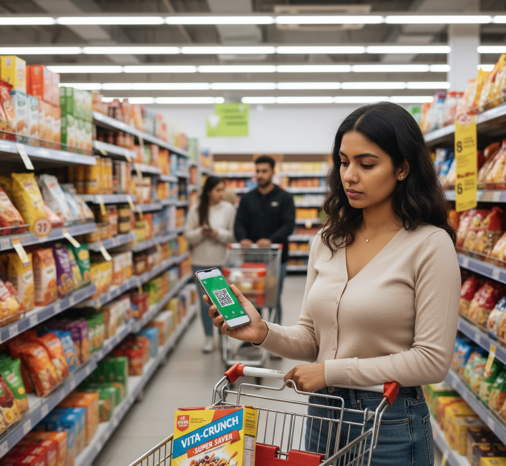 Customer scanning a QR code coupon on product packaging inside a supermarket