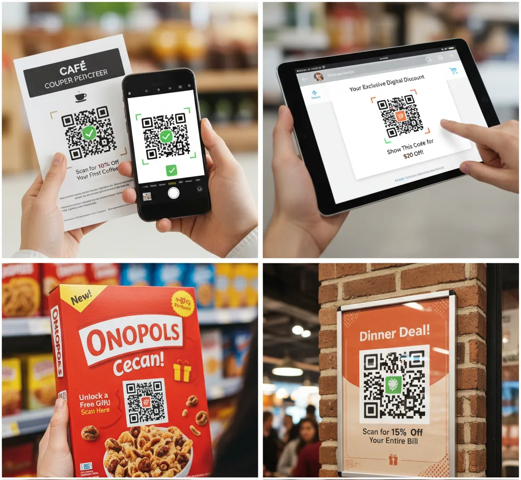 Diferentes tipos de cupons com QR Code incluindo flyers, emails, embalagens de produtos e cartazes de restaurantes