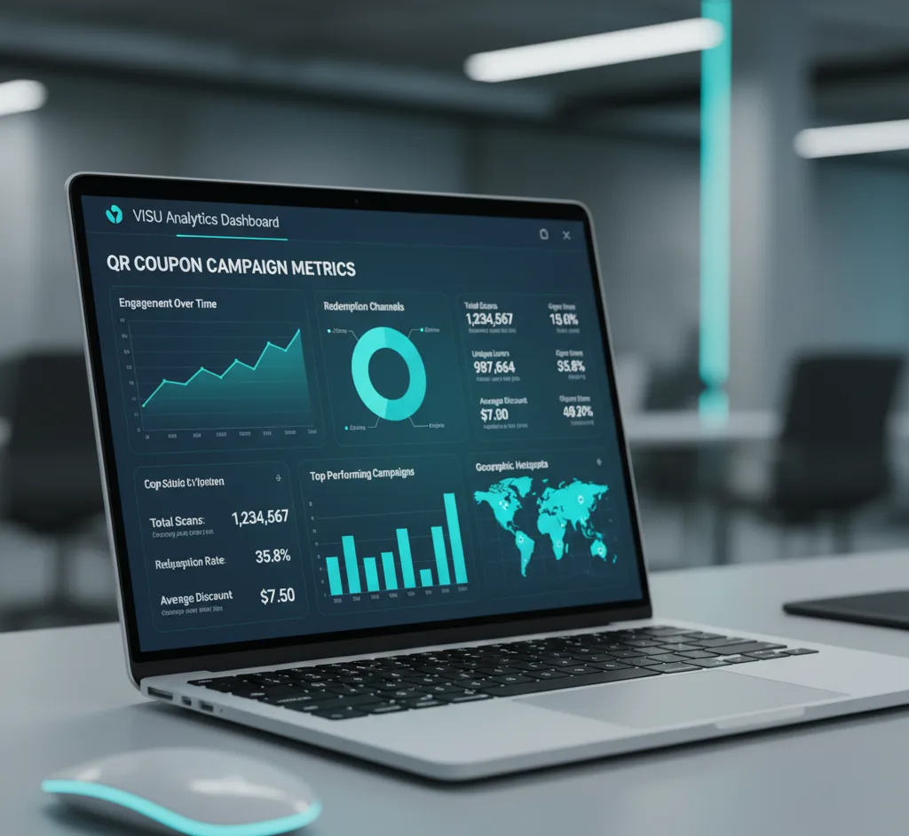 Dashboard de analytics VISU mostrando métricas e gráficos de campanha de cupom com QR Code