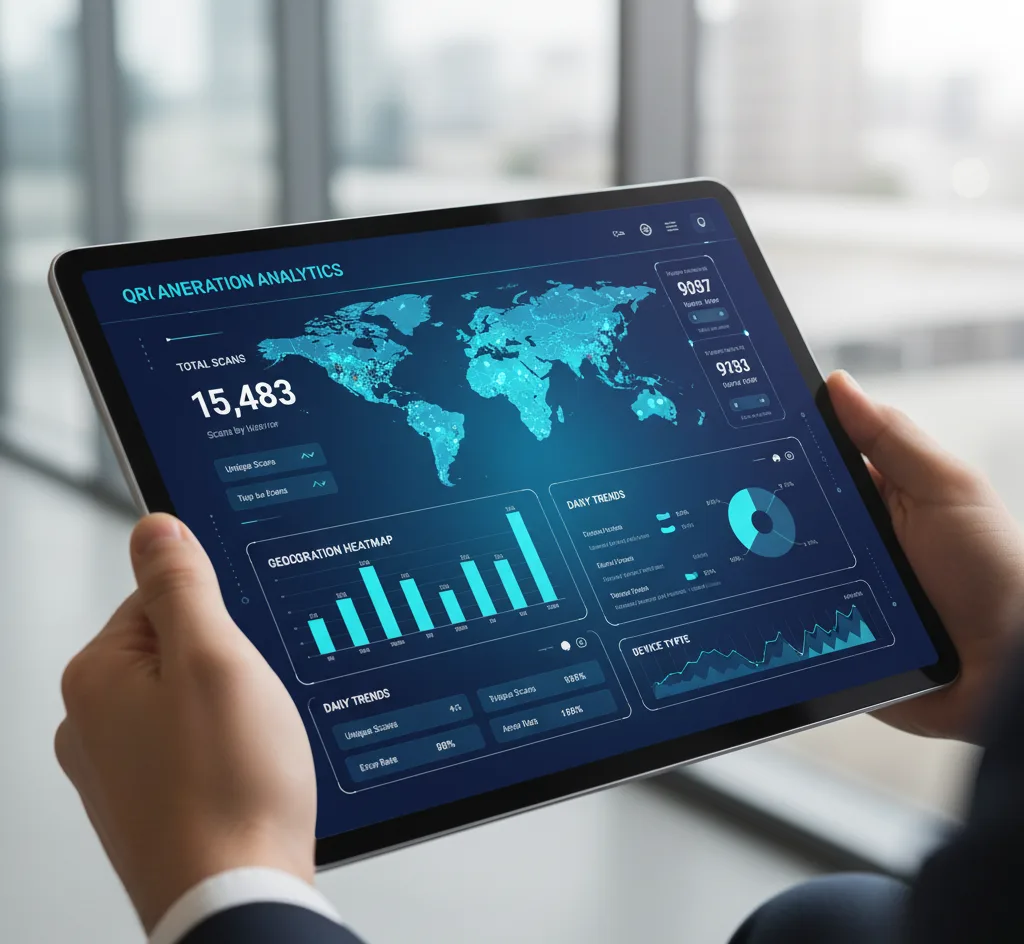 Tablet mostrando escaneos de códigos QR con analíticas de geolocalización