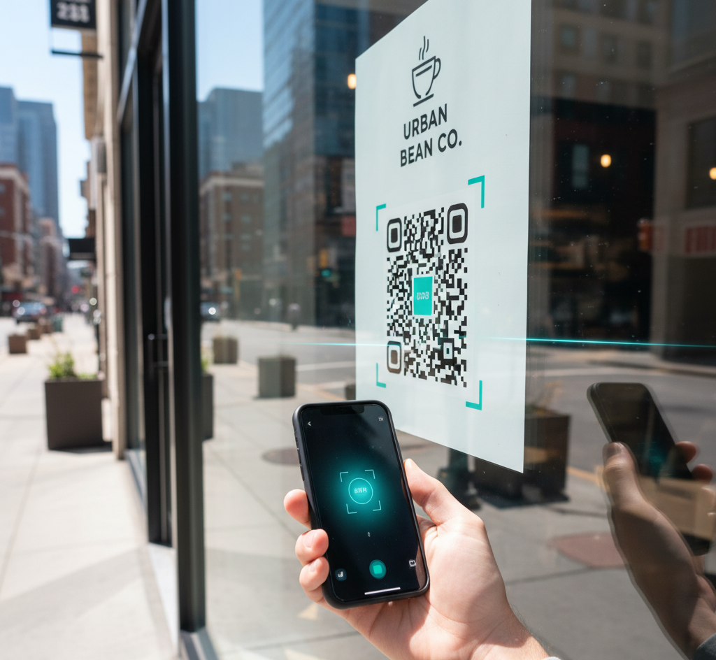 Customer scanning a branded QR code on a store window