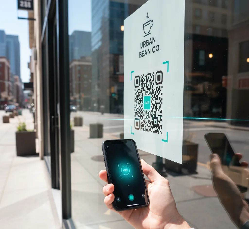 Cliente escaneando un código QR de marca en el escaparate de una tienda