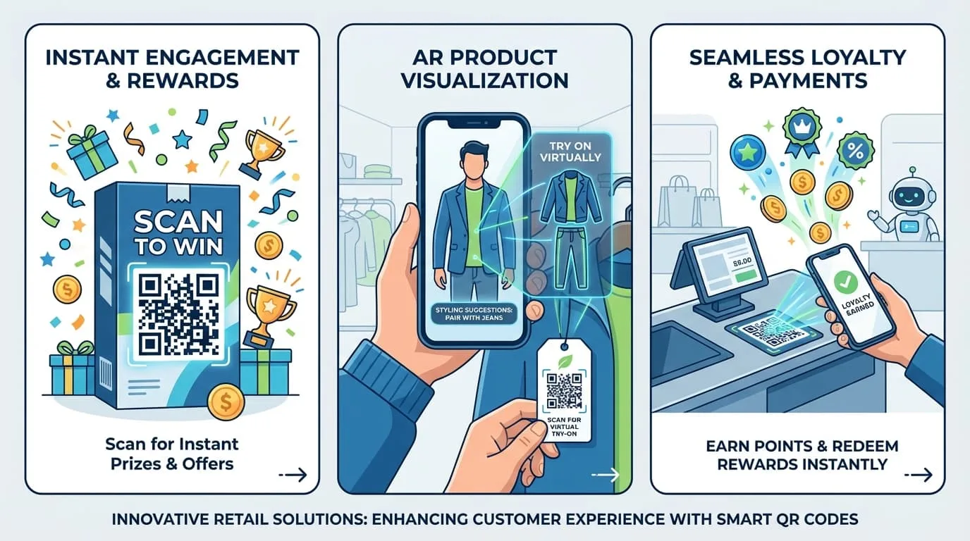 Examples of innovative QR code uses in retail: packaging with scan-to-win, AR virtual try-on, and loyalty program