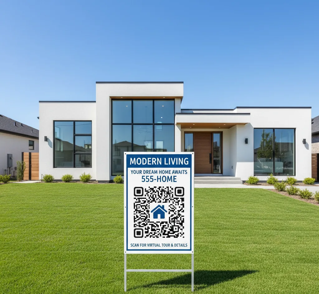Smartphone escaneando QR Code em flyer imobiliário para abrir anúncio de imóvel e tour 360 graus