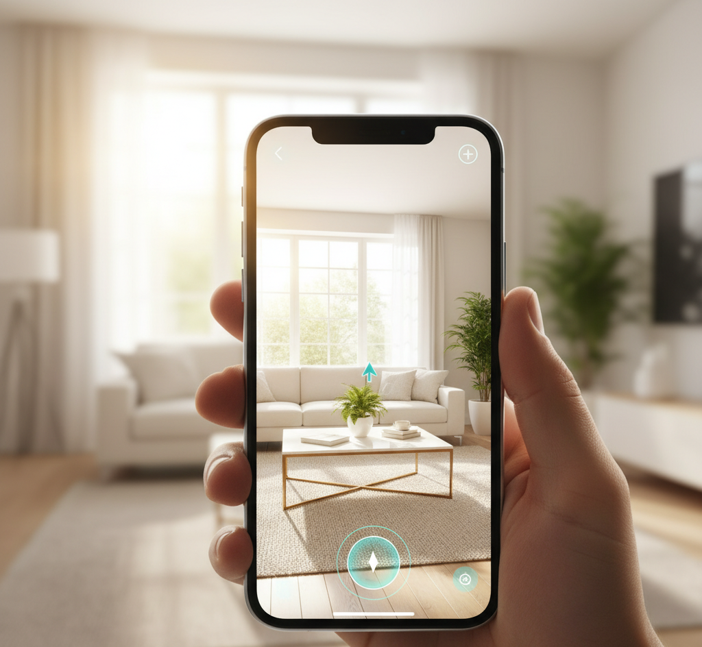 Phone screen launching a 360-degree home tour after scanning a QR code on a listing