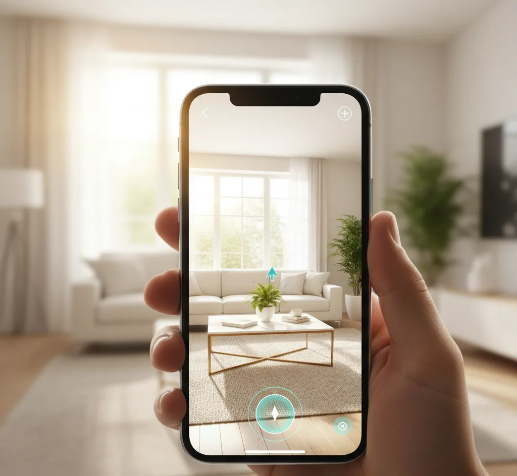 Tela de celular lançando tour 360 graus de imóvel após escanear QR Code no anúncio