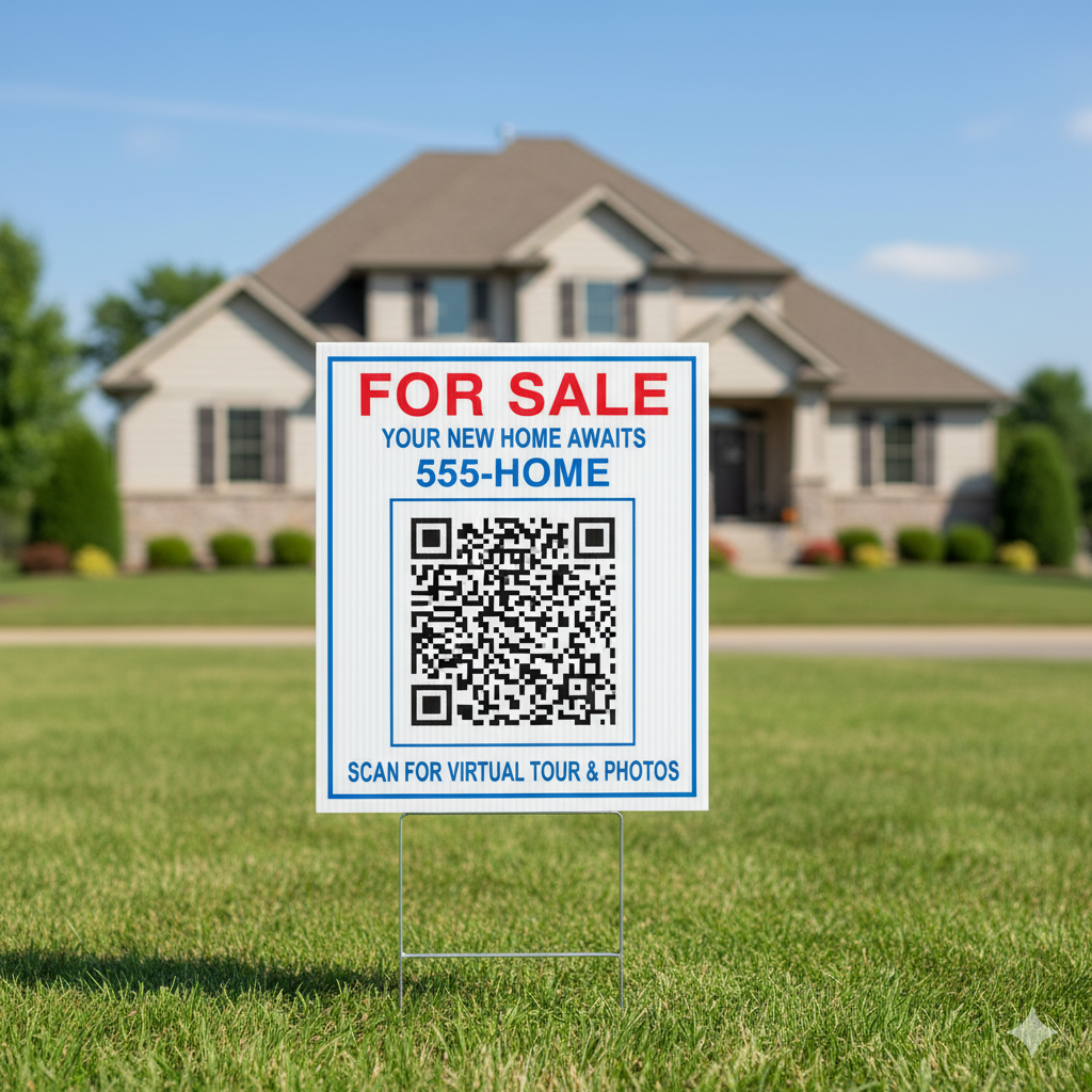 Printed real estate flyer with a QR code linking to detailed property information and booking