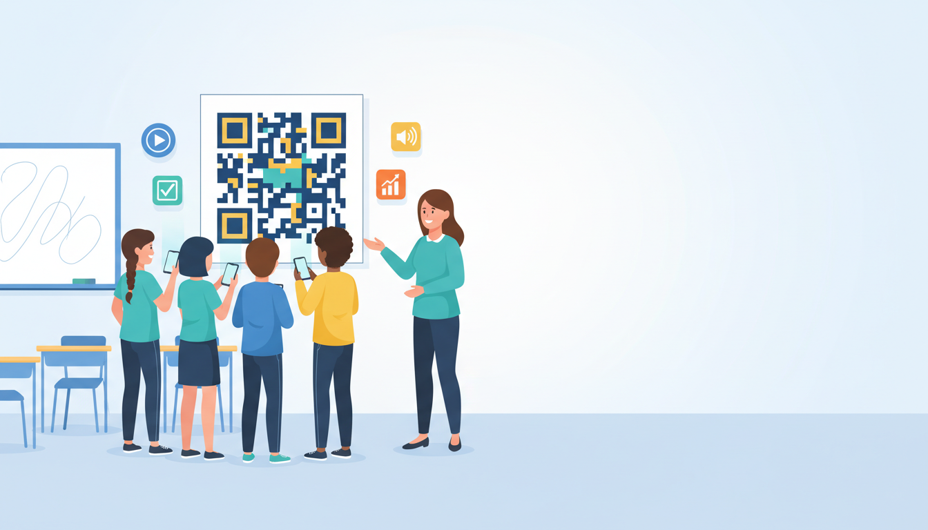 Teacher guiding students to scan a classroom QR code — QR codes in education connecting to video, quiz, audio, and data for interactive learning.