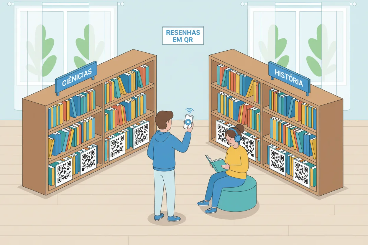 Estantes de biblioteca con códigos QR para educación enlazando a reseñas de libros y guías de investigación