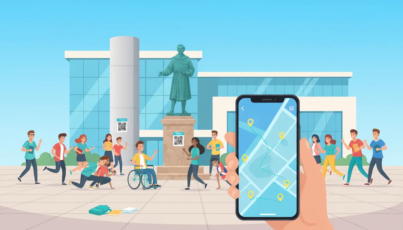 Búsqueda del tesoro en el campus usando códigos QR en educación; estudiantes escanean pósters para acceder a prompts y recopilación de datos en el móvil