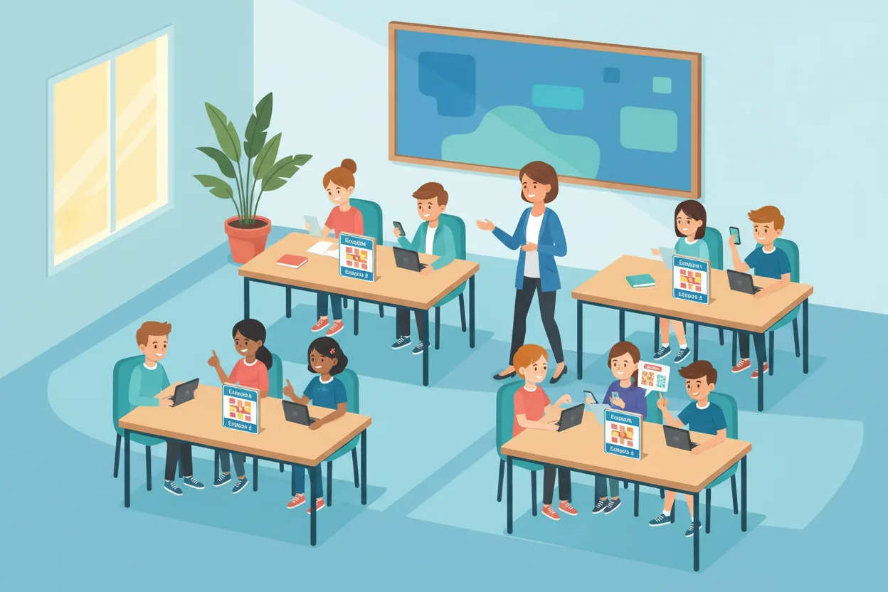 Estaciones de aprendizaje usando códigos QR educativos en el aula; estudiantes escanean para acceder a videos cortos, quizzes y tareas interactivas