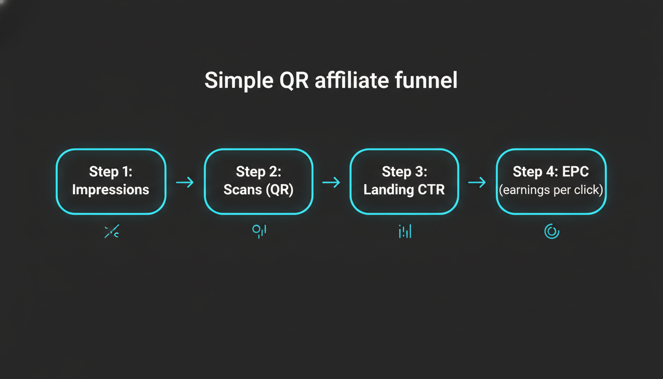 Simple QR affiliate funnel: impressions to scans to landing CTR to EPC