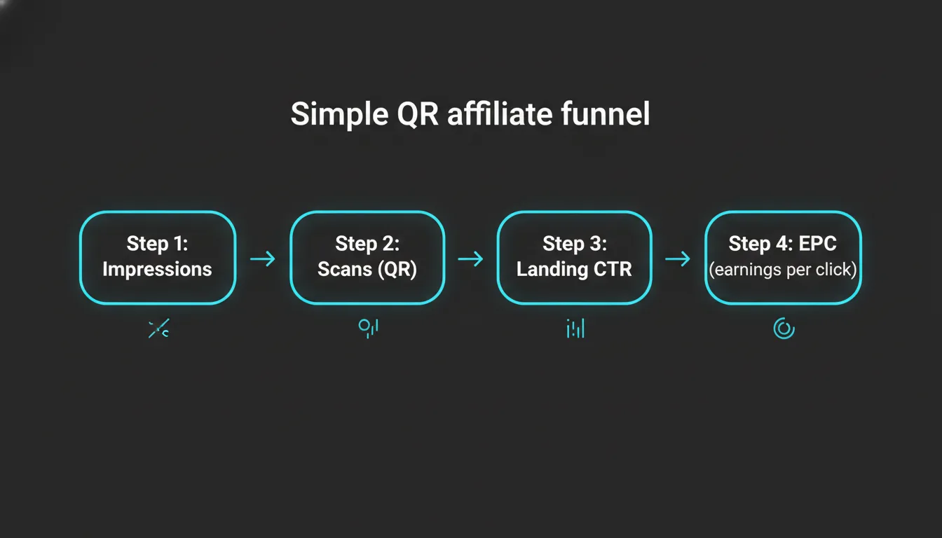 Diagrama sencillo del embudo de afiliados QR: impresiones a escaneos, landing CTR y EPC
