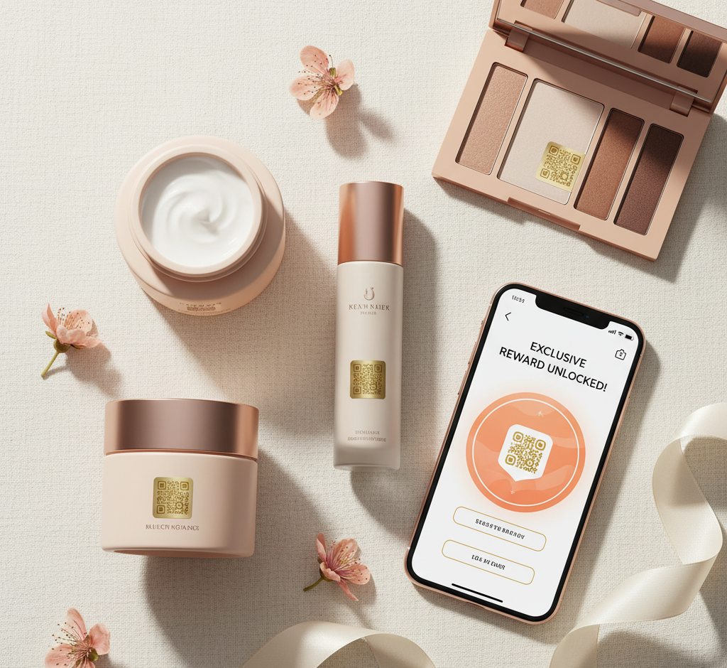 Beauty product packaging with QR code linking to rewards and referrals
